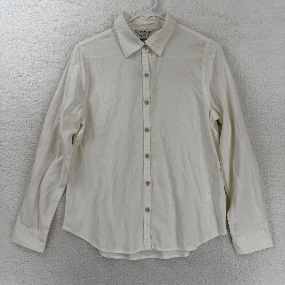 Orvis Shirt Womens Small White Long Sleeve Linen Blend Button Up Top 1588920